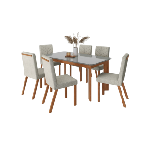 Conjunto Jantar 100% Madeira com Tampo de Vidro Cinza e 6 Cadeiras | WS Móveis