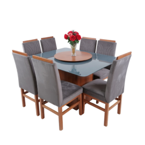 Conjunto Sala de Jantar Zamarchi – 8 Cadeiras Estofadas Suede e Centro Giratório