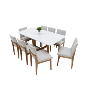 Conjunto Sala de Jantar Zamarchi/Ferrati – 8 Cadeiras em Linho e Tampo de Vidro